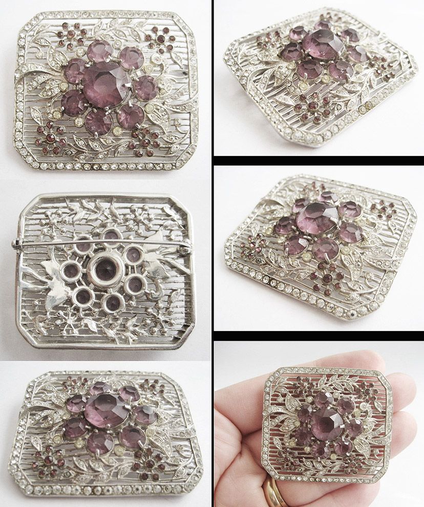 Crystal Rhinestone & Amethyst Purple Unfoiled Glass Flower Pin Crystal Rhinestone & Amethyst Purple Unfoiled Glass Flower Pin