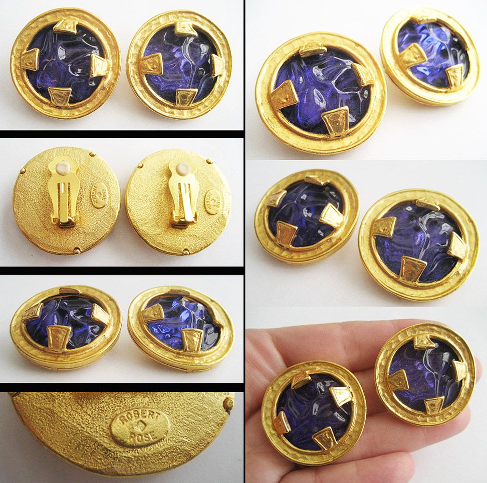 Large Gothic Purple Cabochon & Byzantine Gilt Earrings by Robert Rose Large Gothic Purple Cabochon & Byzantine Gilt Earrings by Robert Rose
