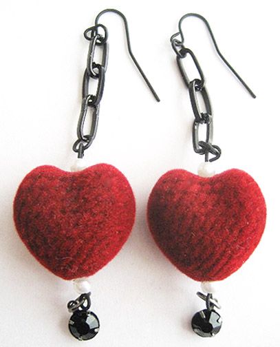 Red Flocked Velvet Heart & Black Chain Valentine Earrings Red Flocked Velvet Heart & Black Chain Valentine Earrings