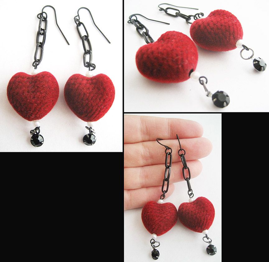 Red Flocked Velvet Heart & Black Chain Valentine Earrings Red Flocked Velvet Heart & Black Chain Valentine Earrings