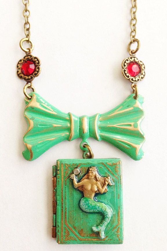 Coney Island NY Enamel Mermaid Book Locket Necklace with Luna Park & Tillie Face Coney Island NY Enamel Mermaid Book Locket Necklace with Luna Park & Tillie Face