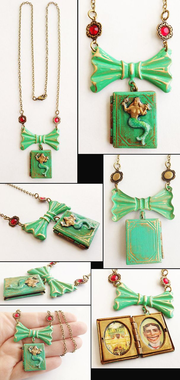 Coney Island NY Enamel Mermaid Book Locket Necklace with Luna Park & Tillie Face Coney Island NY Enamel Mermaid Book Locket Necklace with Luna Park & Tillie Face
