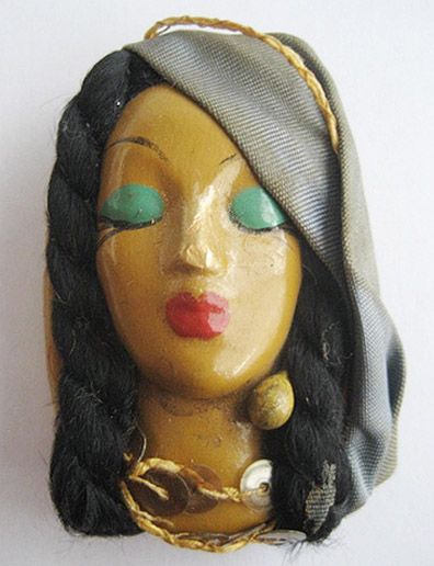 Painted Ceramic & Fabric Gypsy Woman Pin - Elzac Painted Ceramic & Fabric Gypsy Woman Pin - Elzac