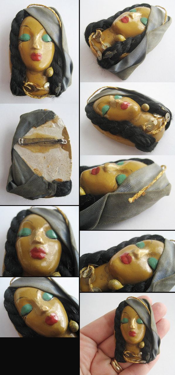 Painted Ceramic & Fabric Gypsy Woman Pin - Elzac Painted Ceramic & Fabric Gypsy Woman Pin - Elzac