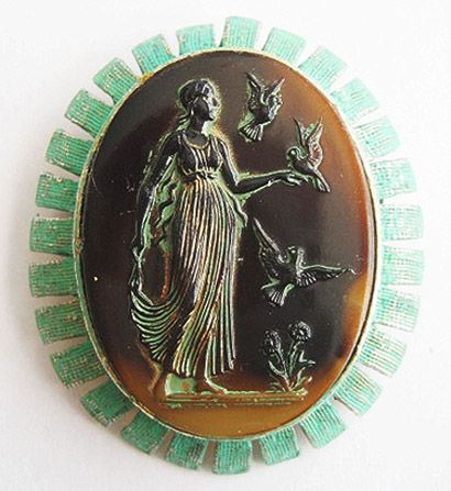 Glass Stone Cameo Pin or Pendant in Distressed Verdigris Enamel Settings Glass Stone Cameo Pin or Pendant in Distressed Verdigris Enamel Settings