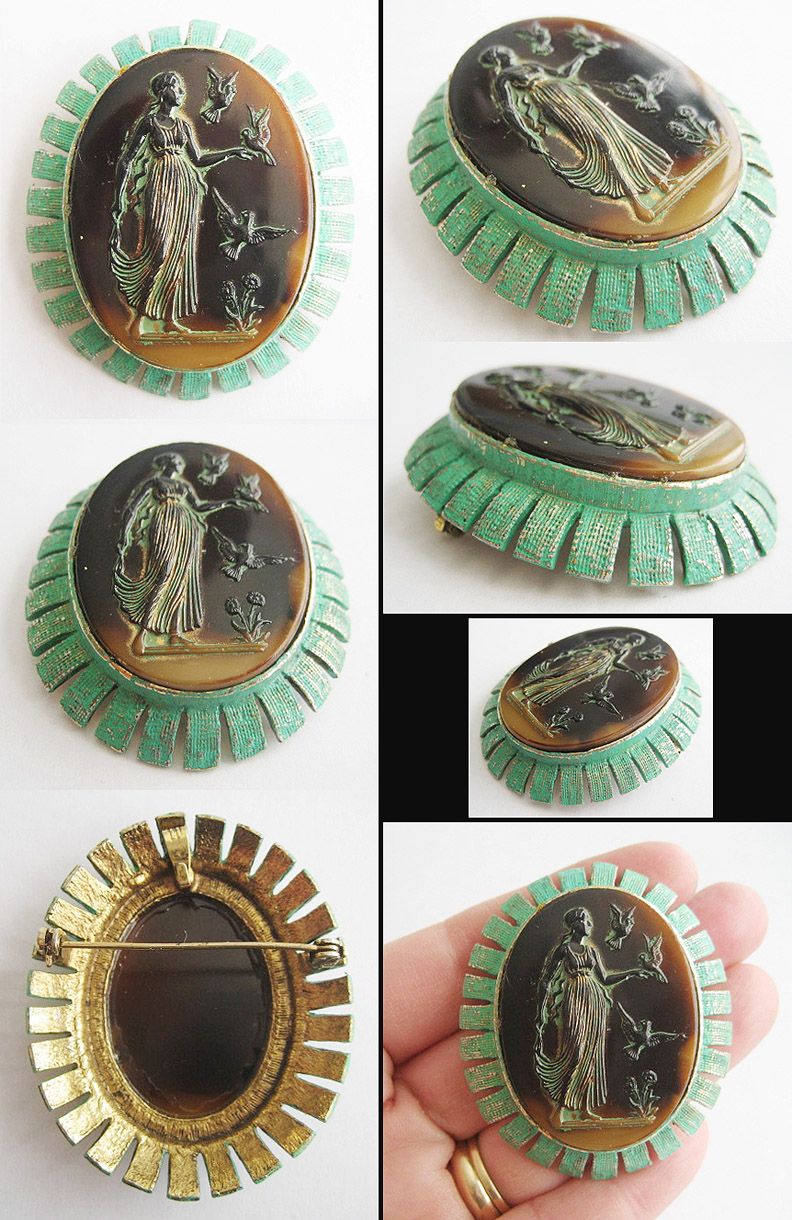 Glass Stone Cameo Pin or Pendant in Distressed Verdigris Enamel Settings Glass Stone Cameo Pin or Pendant in Distressed Verdigris Enamel Settings