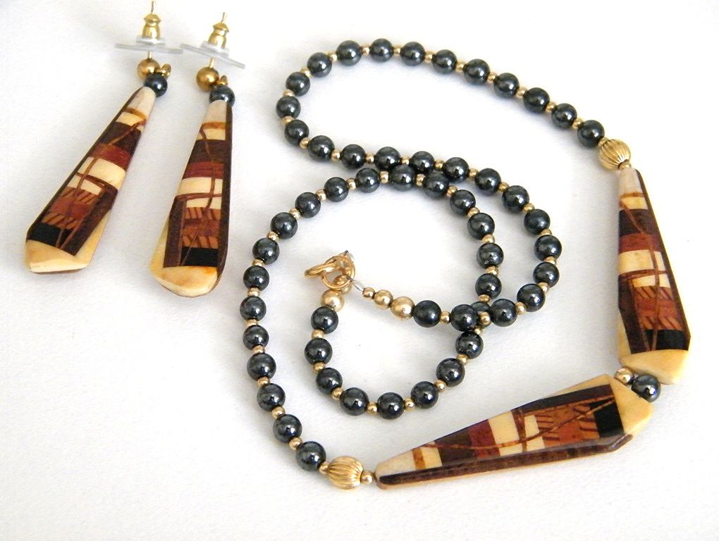 Exceptional Robert Cutler Wood Marquetry Necklace & Earrings Exceptional Robert Cutler Wood Marquetry Necklace & Earrings