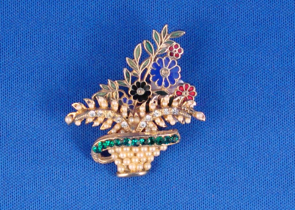 Flower Basket Brooch Pin--Enamel, Faux Pearls, Green Rhinestones Flower Basket Brooch Pin--Enamel, Faux Pearls, Green Rhinestones