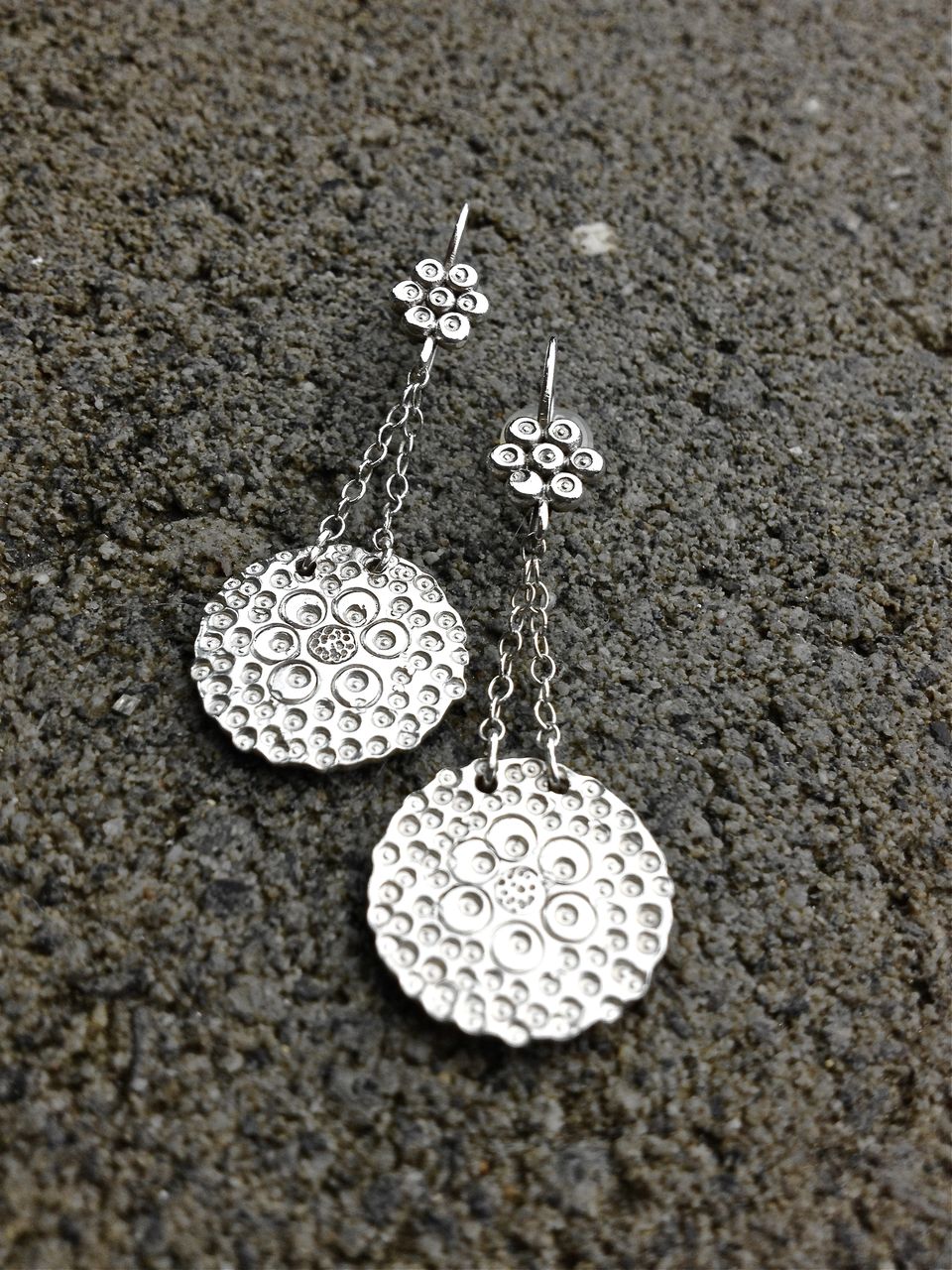 FLOURISH Sterling Silver Stamped Flower Dangle earrings FLOURISH Sterling Silver Stamped Flower Dangle earrings