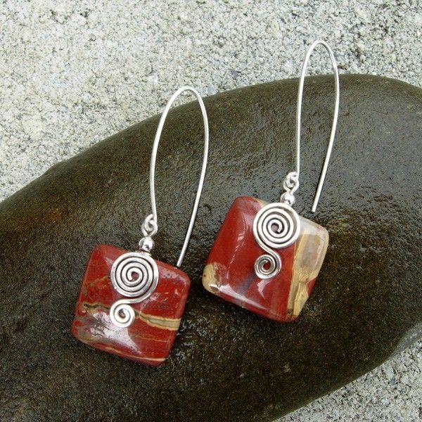Red Jasper Square n Sterling S Swirl Earring Red Jasper Square n Sterling S Swirl Earring