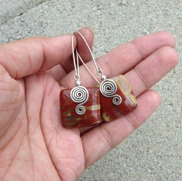 Red Jasper Square n Sterling S Swirl Earring Red Jasper Square n Sterling S Swirl Earring