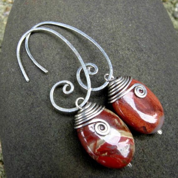 MEANDER 13x18mm Red Jasper and Sterling Swirl Earring MEANDER 13x18mm Red Jasper and Sterling Swirl Earring