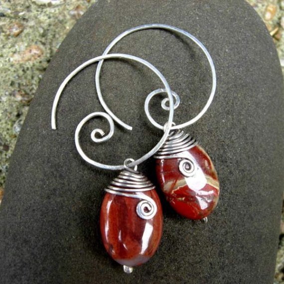 MEANDER 13x18mm Red Jasper and Sterling Swirl Earring MEANDER 13x18mm Red Jasper and Sterling Swirl Earring