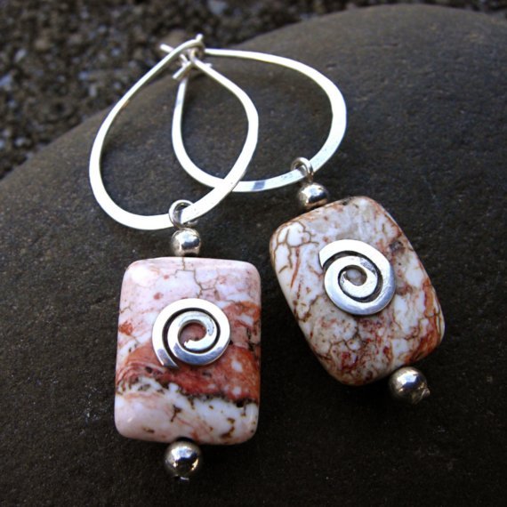 White Turquoise Pillow Bead and Argentium Sterling Tear Drop Hoop Earring White Turquoise Pillow Bead and Argentium Sterling Tear Drop Hoop Earring