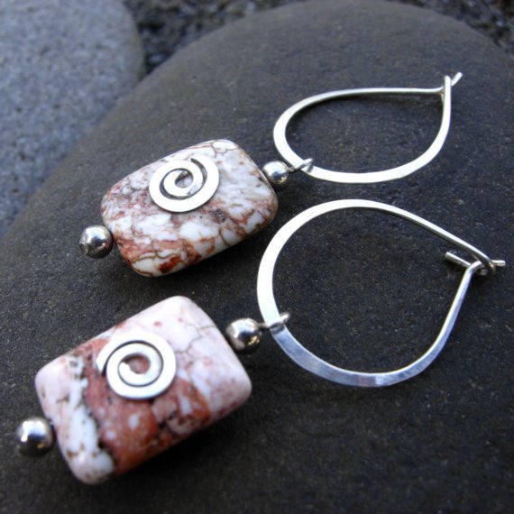 White Turquoise Pillow Bead and Argentium Sterling Tear Drop Hoop Earring White Turquoise Pillow Bead and Argentium Sterling Tear Drop Hoop Earring