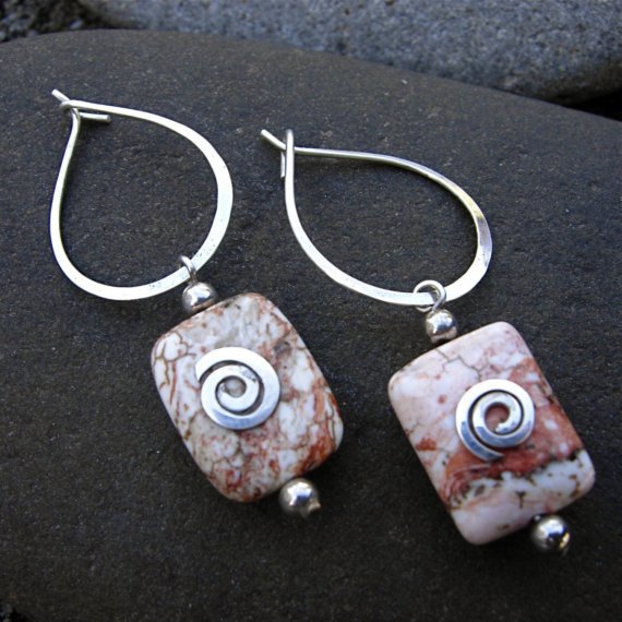 White Turquoise Pillow Bead and Argentium Sterling Tear Drop Hoop Earring White Turquoise Pillow Bead and Argentium Sterling Tear Drop Hoop Earring