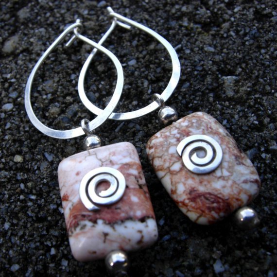White Turquoise Pillow Bead and Argentium Sterling Tear Drop Hoop Earring White Turquoise Pillow Bead and Argentium Sterling Tear Drop Hoop Earring