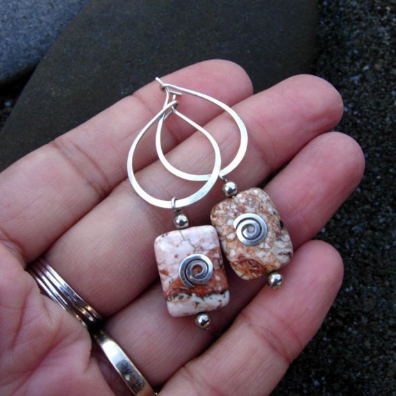 White Turquoise Pillow Bead and Argentium Sterling Tear Drop Hoop Earring White Turquoise Pillow Bead and Argentium Sterling Tear Drop Hoop Earring