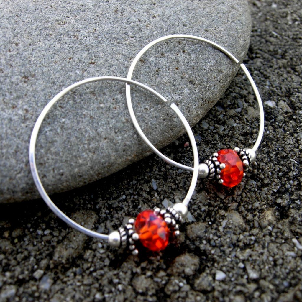 LEAP Orange Red CZ Argentium Sterling Silver Hoop Earring LEAP Orange Red CZ Argentium Sterling Silver Hoop Earring