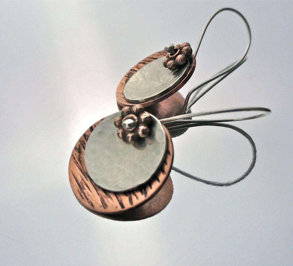 Mixed Metal Saucer Disc Copper and Sterling Silver Dangle Earring Mixed Metal Saucer Disc Copper and Sterling Silver Dangle Earring