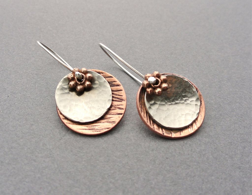 Mixed Metal Saucer Disc Copper and Sterling Silver Dangle Earring Mixed Metal Saucer Disc Copper and Sterling Silver Dangle Earring