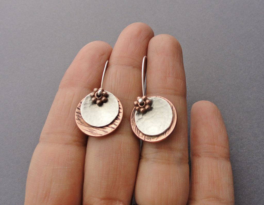Mixed Metal Saucer Disc Copper and Sterling Silver Dangle Earring Mixed Metal Saucer Disc Copper and Sterling Silver Dangle Earring