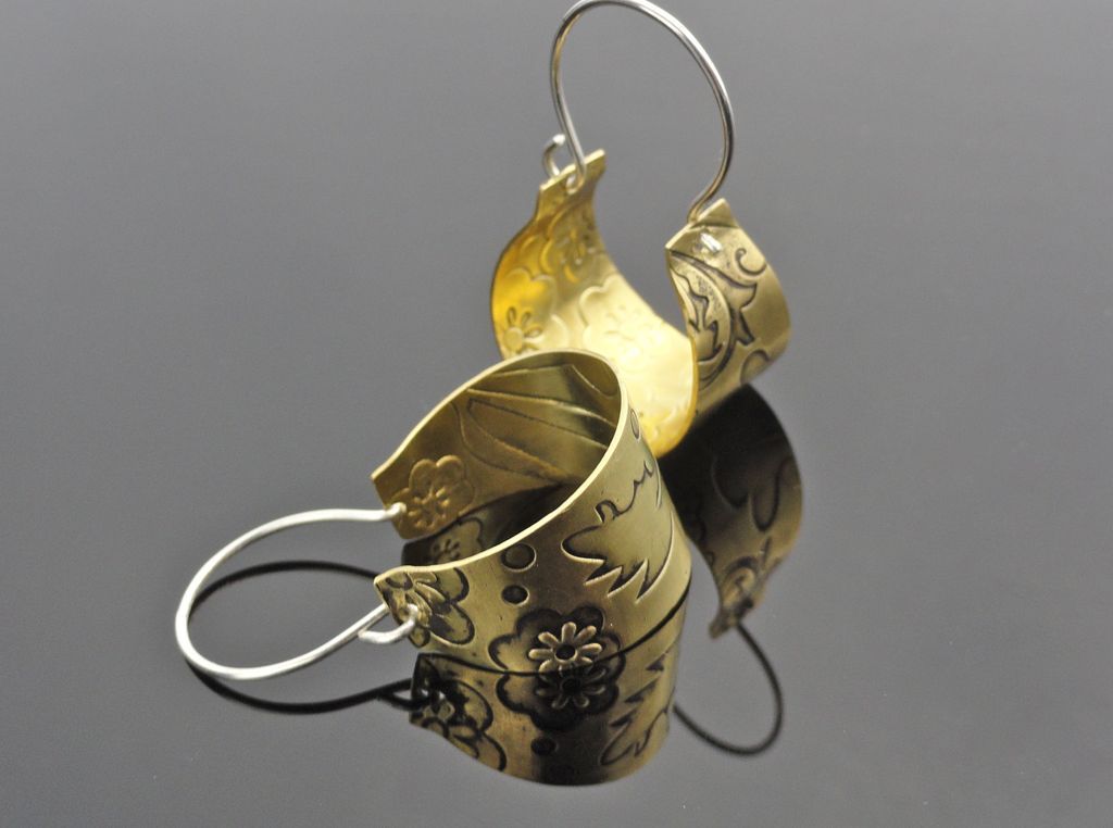 Floral Embossed Brass and Sterling Silver Basket Hoop Earring Floral Embossed Brass and Sterling Silver Basket Hoop Earring