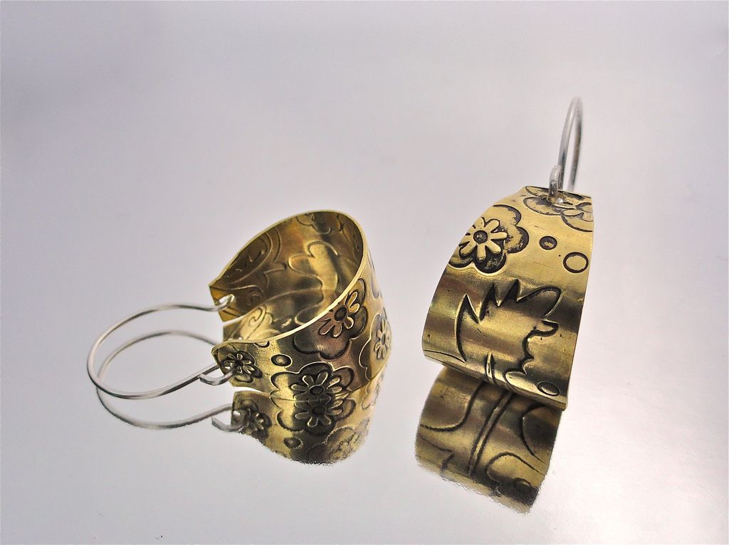 Floral Embossed Brass and Sterling Silver Basket Hoop Earring Floral Embossed Brass and Sterling Silver Basket Hoop Earring