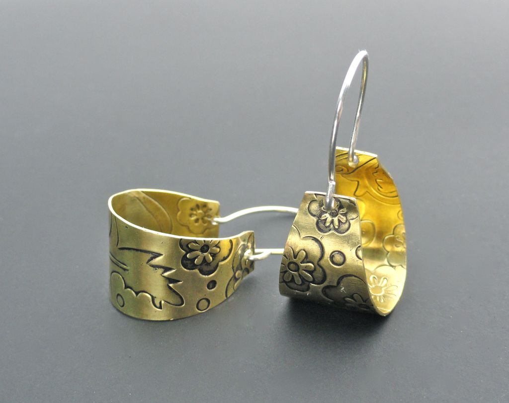 Floral Embossed Brass and Sterling Silver Basket Hoop Earring Floral Embossed Brass and Sterling Silver Basket Hoop Earring