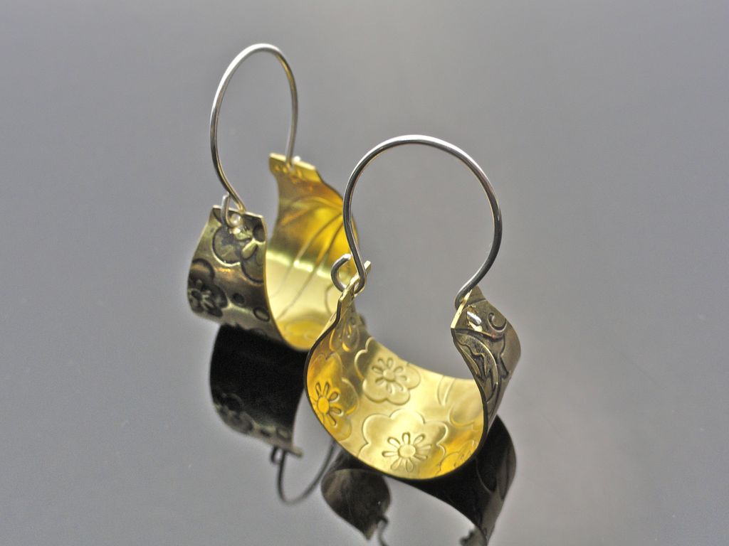 Floral Embossed Brass and Sterling Silver Basket Hoop Earring Floral Embossed Brass and Sterling Silver Basket Hoop Earring