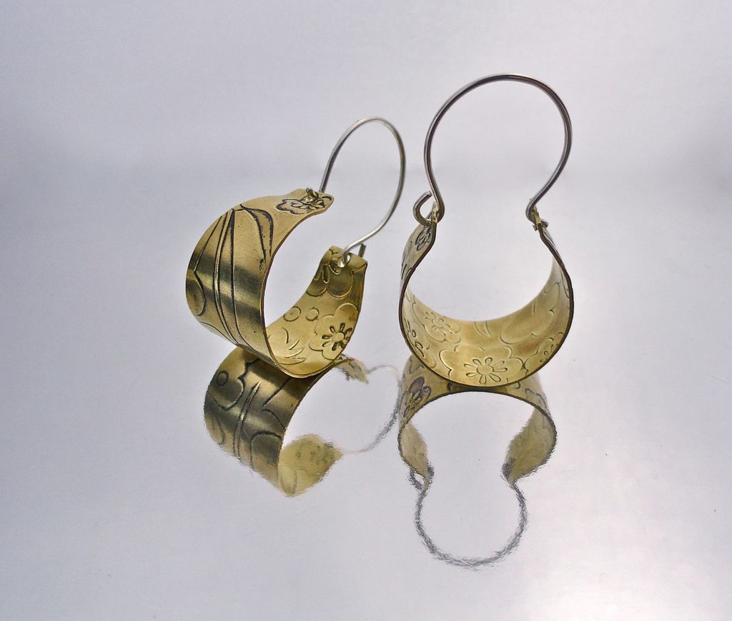 Floral Embossed Brass and Sterling Silver Basket Hoop Earring Floral Embossed Brass and Sterling Silver Basket Hoop Earring