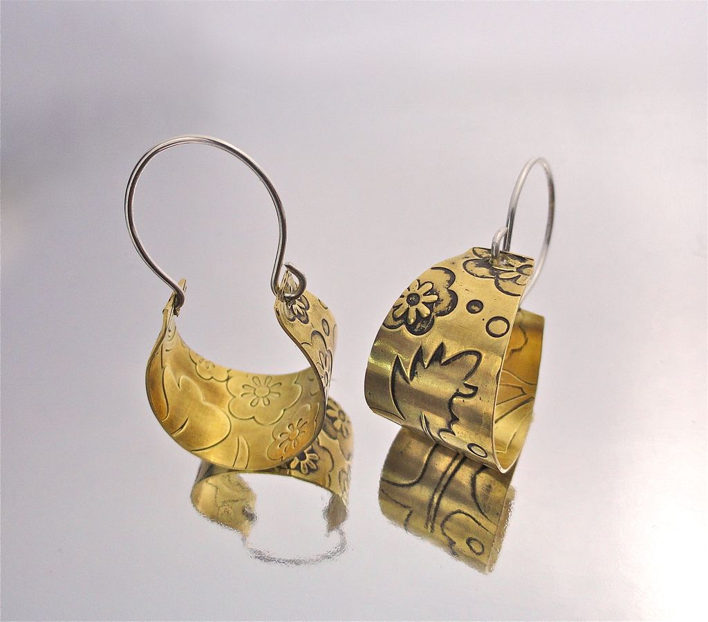Floral Embossed Brass and Sterling Silver Basket Hoop Earring Floral Embossed Brass and Sterling Silver Basket Hoop Earring
