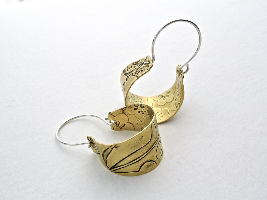 Floral Embossed Brass and Sterling Silver Basket Hoop Earring Floral Embossed Brass and Sterling Silver Basket Hoop Earring