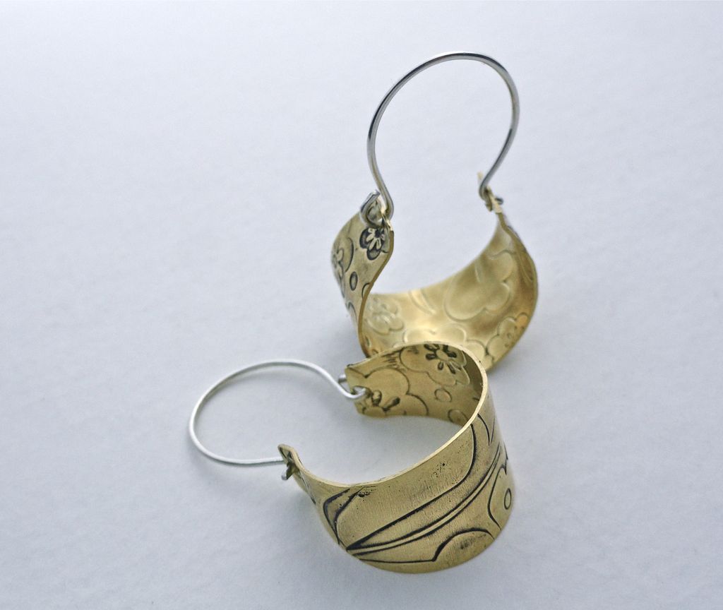 Floral Embossed Brass and Sterling Silver Basket Hoop Earring Floral Embossed Brass and Sterling Silver Basket Hoop Earring