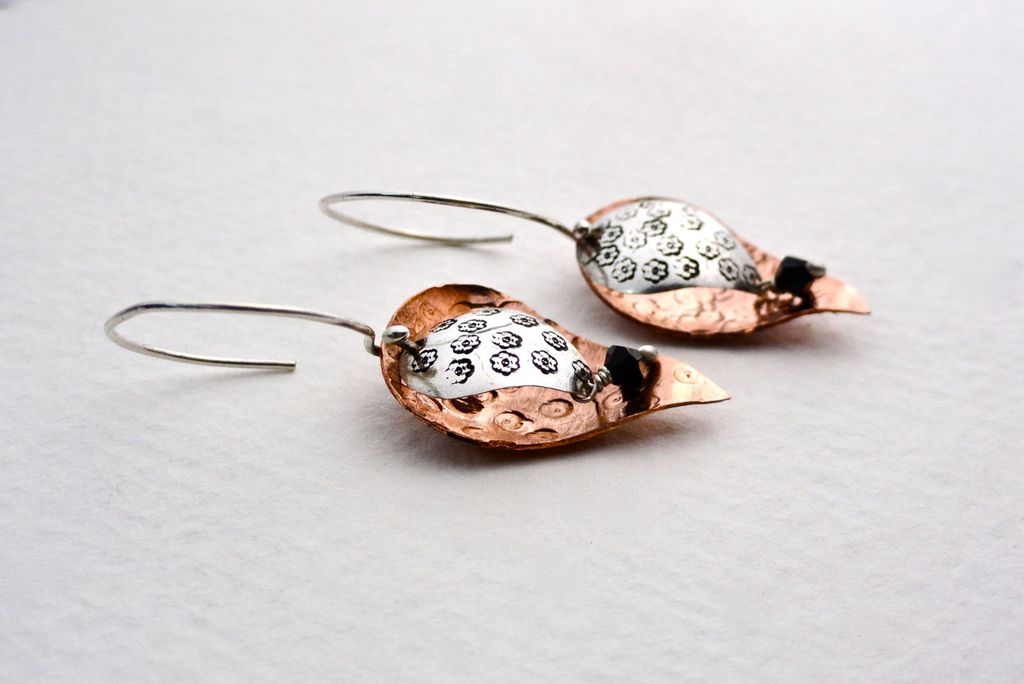 PETAL SHOWER Sterling Silver and Copper Mixed Metal Concave and Convex Swarovski Crystal Dangle Earring PETAL SHOWER Sterling Silver and Copper Mixed Metal Concave and Convex Swarovski Crystal Dangle Earring