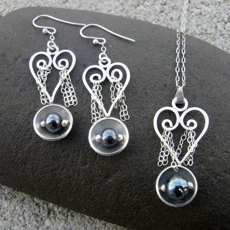 Nestling Hematite and Sterling Silver Heart Pendant Necklace Nestling Hematite and Sterling Silver Heart Pendant Necklace