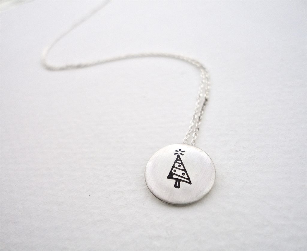 CHRISTMAS TREE Sterling Silver 1/2" Domed Pendant Necklace CHRISTMAS TREE Sterling Silver 1/2" Domed Pendant Necklace