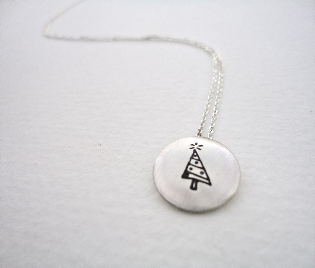 CHRISTMAS TREE Sterling Silver 1/2" Domed Pendant Necklace CHRISTMAS TREE Sterling Silver 1/2" Domed Pendant Necklace