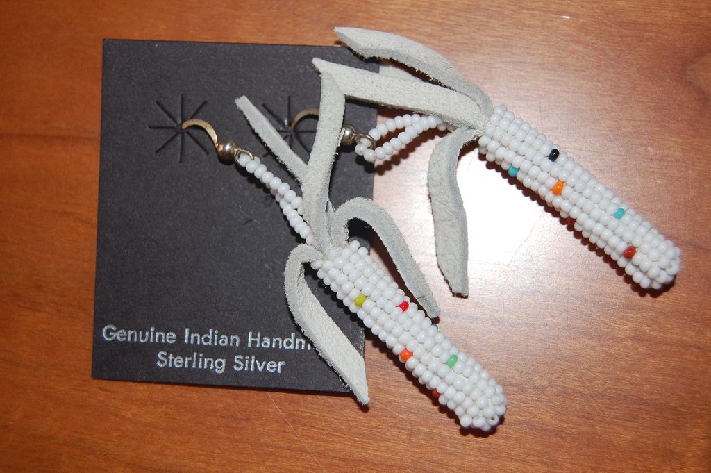 Hand made, Native American beaded earrings, white & multicolor corncobs Hand made, Native American beaded earrings, white & multicolor corncobs