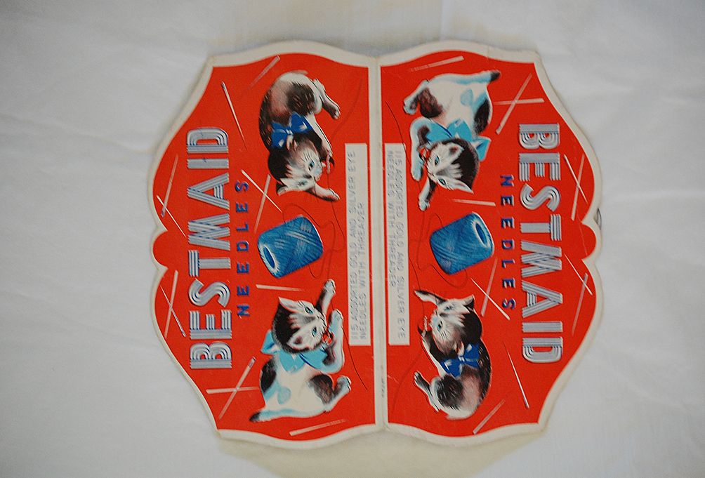 Vintage paper needlebook, "Bestmaid", Kittens playing with thread Vintage paper needlebook, "Bestmaid", Kittens playing with thread