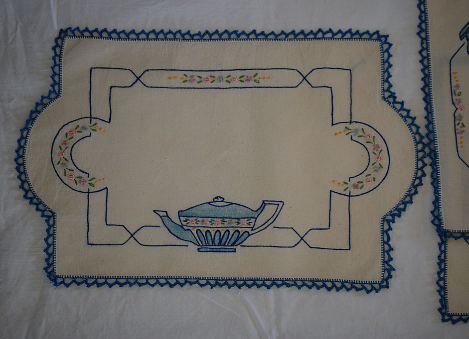 Vintage embroidered linen 3 Piece doily set, Embroidered with Blue teacup/teapot Vintage embroidered linen 3 Piece doily set, Embroidered with Blue teacup/teapot