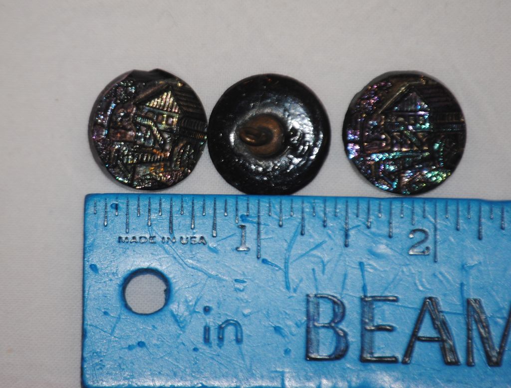3 Vintage black glass buttons with Iridescent luster, Water wheel Mill buildings 3 Vintage black glass buttons with Iridescent luster, Water wheel Mill buildings