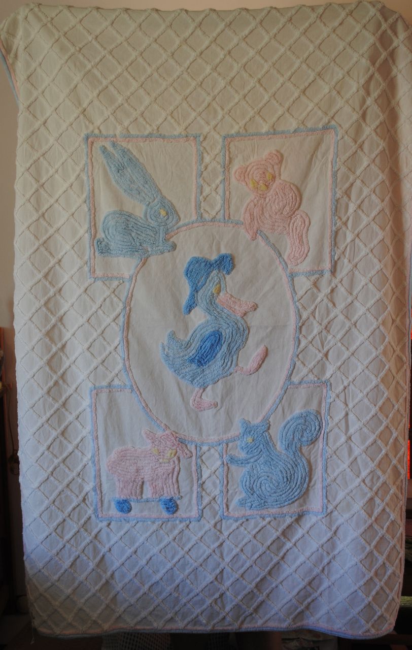Vintage 1940's 50's Child's crib Chenille coverlet, Pink and Blue animals Vintage 1940's 50's Child's crib Chenille coverlet, Pink and Blue animals