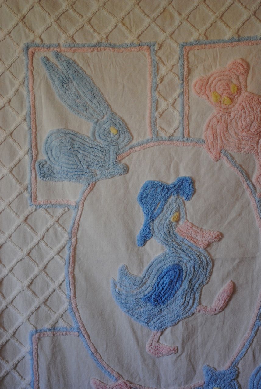 Vintage 1940's 50's Child's crib Chenille coverlet, Pink and Blue animals Vintage 1940's 50's Child's crib Chenille coverlet, Pink and Blue animals
