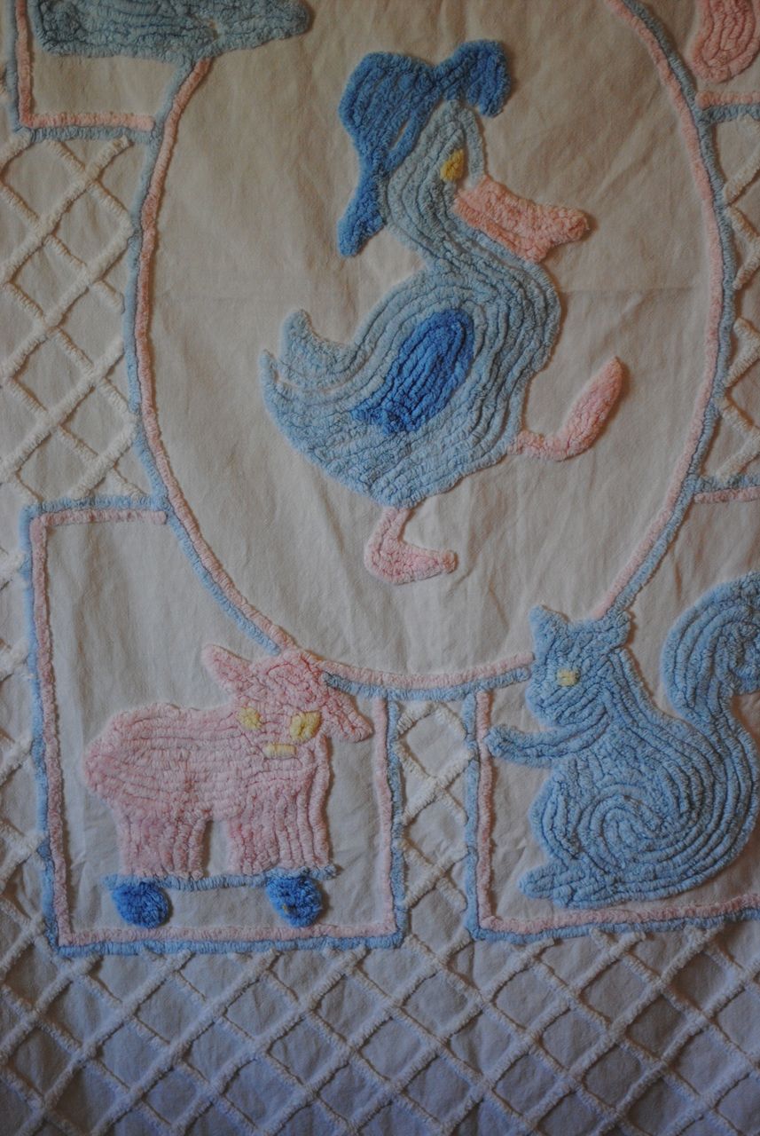 Vintage 1940's 50's Child's crib Chenille coverlet, Pink and Blue animals Vintage 1940's 50's Child's crib Chenille coverlet, Pink and Blue animals
