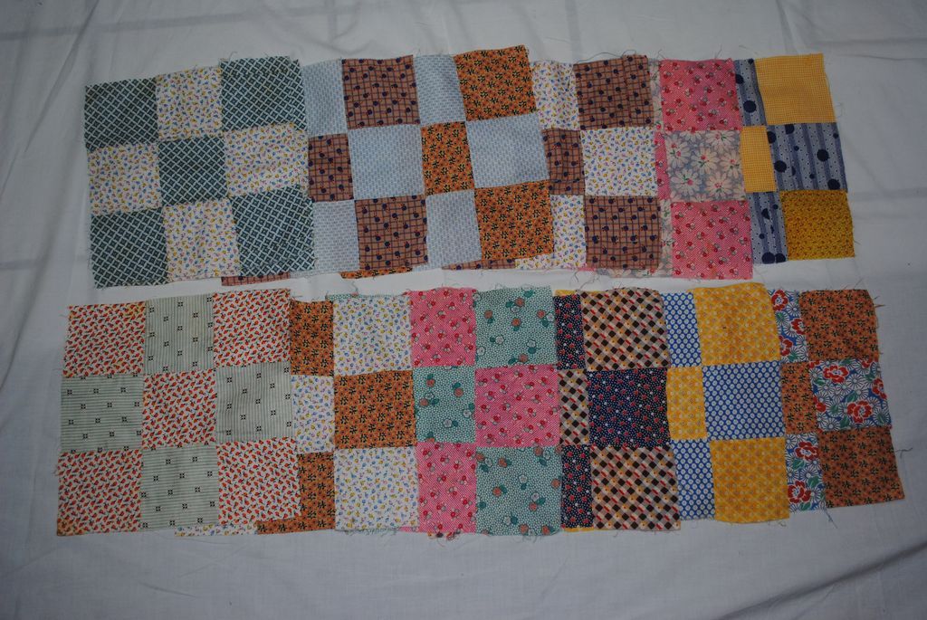 13 c1930 Nine Patch Quilt Blocks, hand and machine sewn 13 c1930 Nine Patch Quilt Blocks, hand and machine sewn