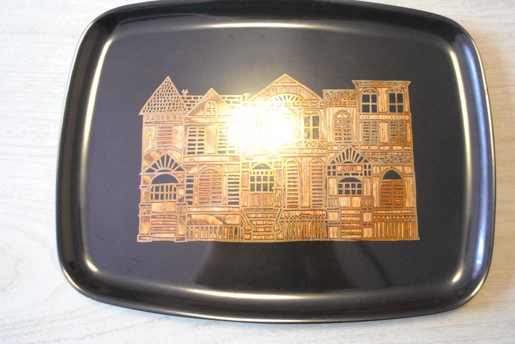 Vintage Couroc small tray, Victorian Houses design in wood Vintage Couroc small tray, Victorian Houses design in wood