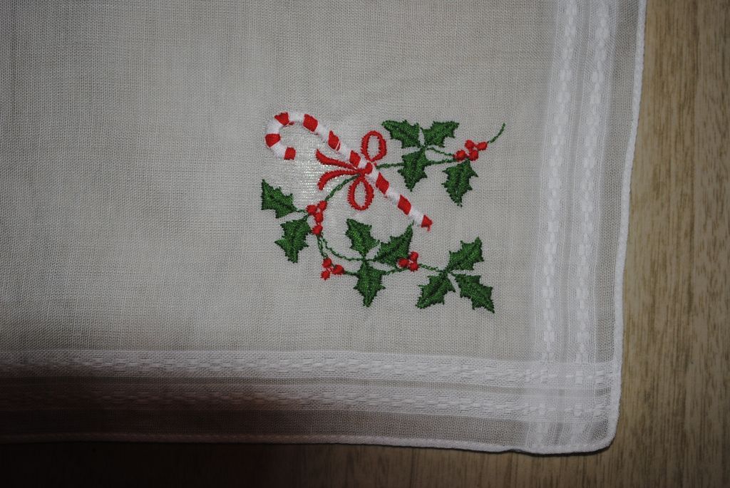 Vintage embroidered Christmas hankie, Candy cane and Holly Vintage embroidered Christmas hankie, Candy cane and Holly