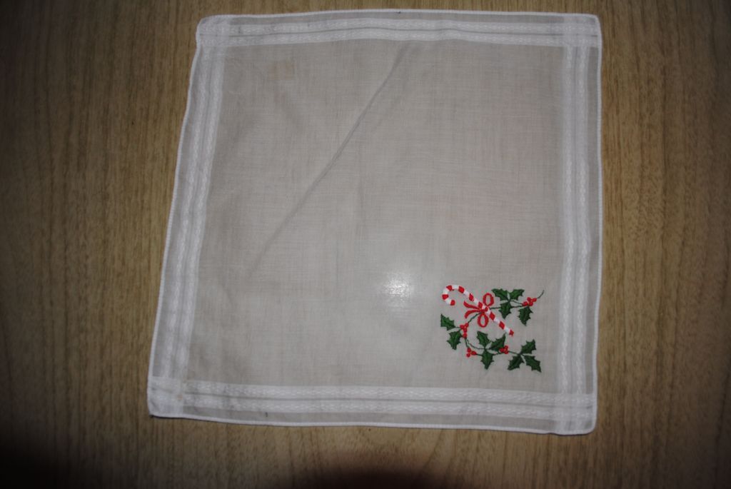 Vintage embroidered Christmas hankie, Candy cane and Holly Vintage embroidered Christmas hankie, Candy cane and Holly