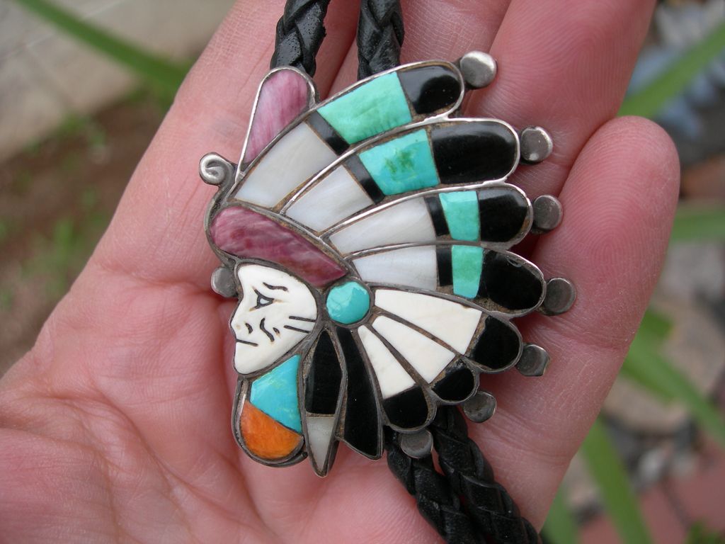 Raymond Quam ~ Inlay Chief w/Head dress ~ Sterling Silver Bolo Tie Raymond Quam ~ Inlay Chief w/Head dress ~ Sterling Silver Bolo Tie